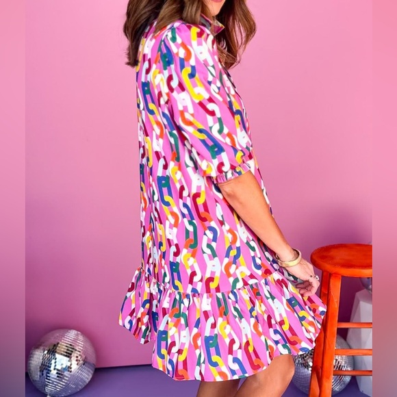 BNWT Smocked Long Sleeve Dress In MagentaChain Link pattern SOLD OUT - Picture 8 of 9